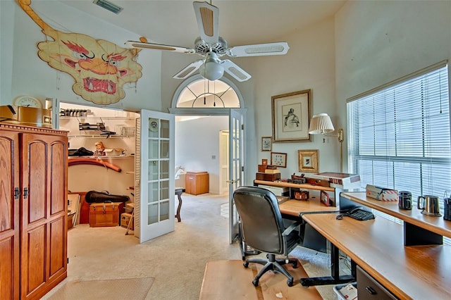 12332 NW 7th Ln, Newberry, FL 32669 - office with french doors, visible vents, light colored carpet, a high ceiling, and ceiling fan