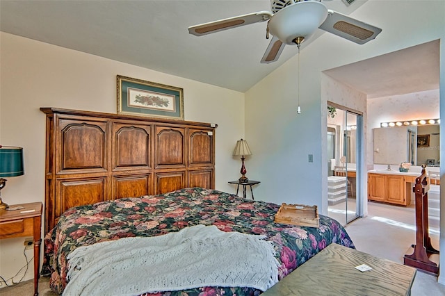 12332 NW 7th Ln, Newberry, FL 32669 - bedroom featuring light colored carpet, ceiling fan, lofted ceiling, and ensuite bathroom