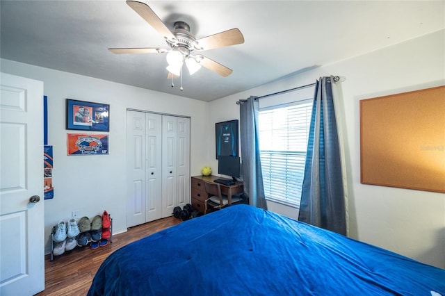 bedroom with a closet, ceiling fan, and wood finished floors