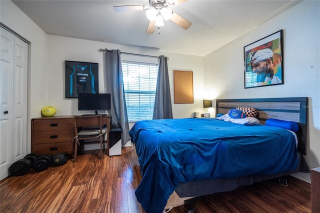 bedroom with a closet, a ceiling fan, and wood finished floors