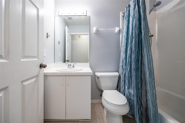 bathroom with toilet, tile patterned floors, shower / bath combination with curtain, and vanity