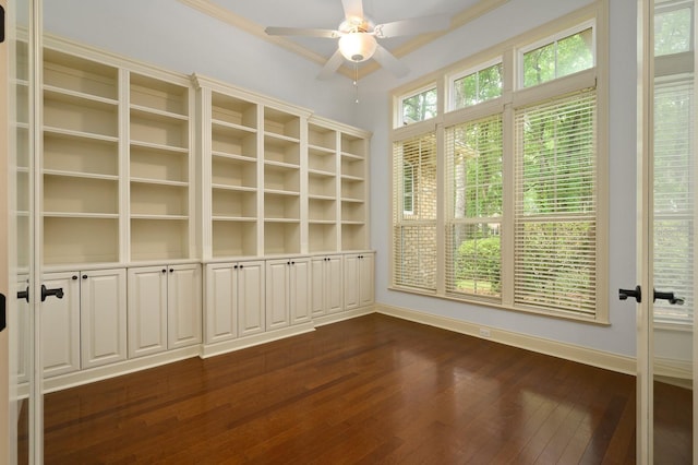4535 SW 105th Dr, Gainesville, FL 32608 - empty room with baseboards, dark wood finished floors, a ceiling fan, and ornamental molding