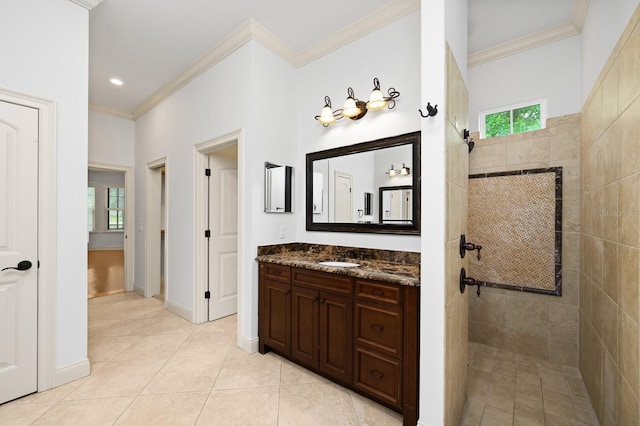 4535 SW 105th Dr, Gainesville, FL 32608 - full bath featuring ornamental molding, tile patterned floors, walk in shower, vanity, and recessed lighting