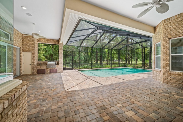 4535 SW 105th Dr, Gainesville, FL 32608 - outdoor pool with a ceiling fan, area for grilling, and a lanai