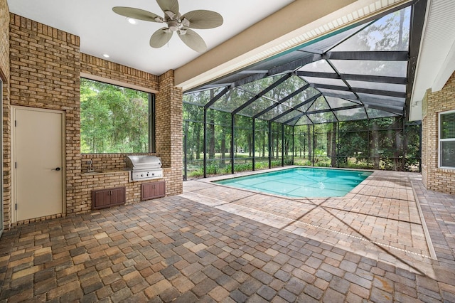 4535 SW 105th Dr, Gainesville, FL 32608 - swimming pool featuring area for grilling, a sink, a ceiling fan, grilling area, and a patio