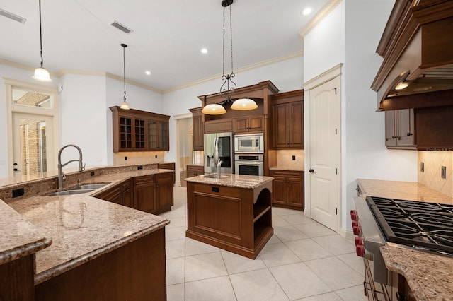 4535 SW 105th Dr, Gainesville, FL 32608 - kitchen with a sink, stainless steel appliances, decorative backsplash, custom range hood, and ornamental molding