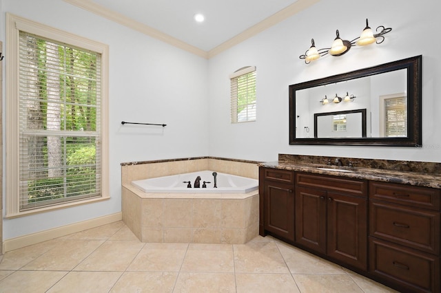 4535 SW 105th Dr, Gainesville, FL 32608 - full bathroom with a garden tub, vanity, crown molding, and tile patterned flooring