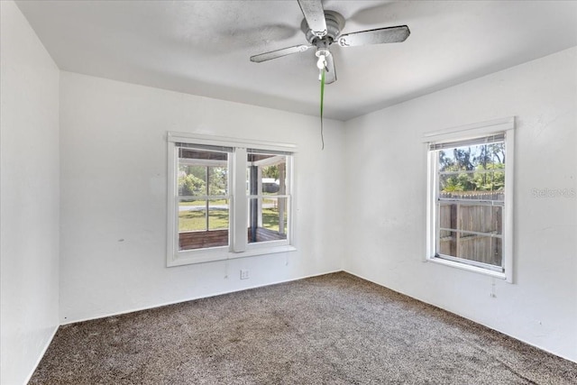 spare room with ceiling fan and carpet