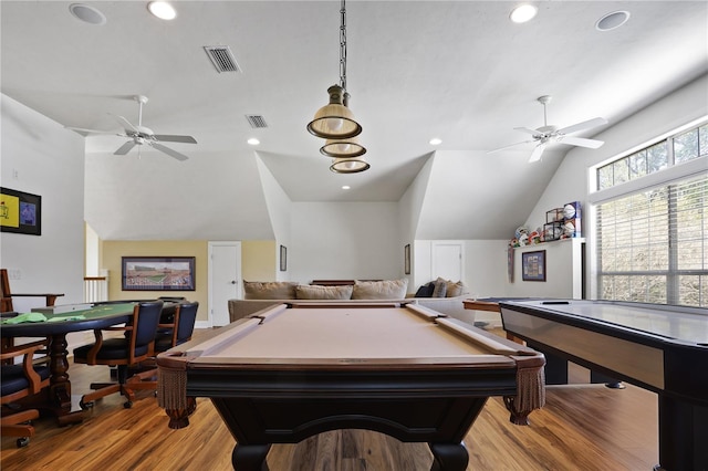 recreation room with pool table, visible vents, and ceiling fan