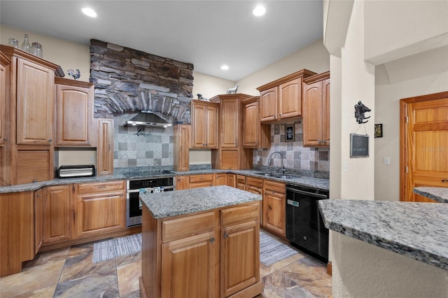 kitchen with a sink, black appliances, backsplash, and light stone counters