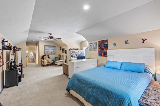 carpeted bedroom featuring ceiling fan, recessed lighting, and lofted ceiling
