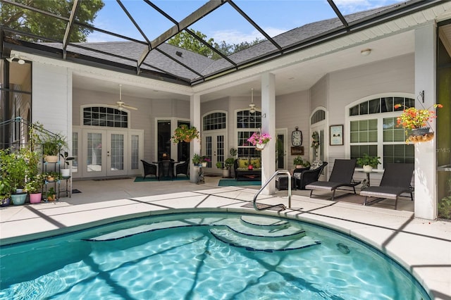 pool featuring french doors, a ceiling fan, and a patio area