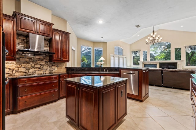 kitchen with decorative backsplash, a peninsula, a kitchen island, ventilation hood, and dishwasher