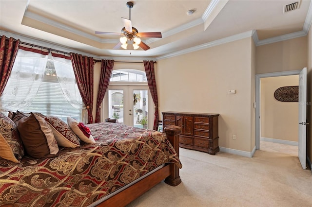 bedroom with crown molding, visible vents, light carpet, access to outside, and french doors