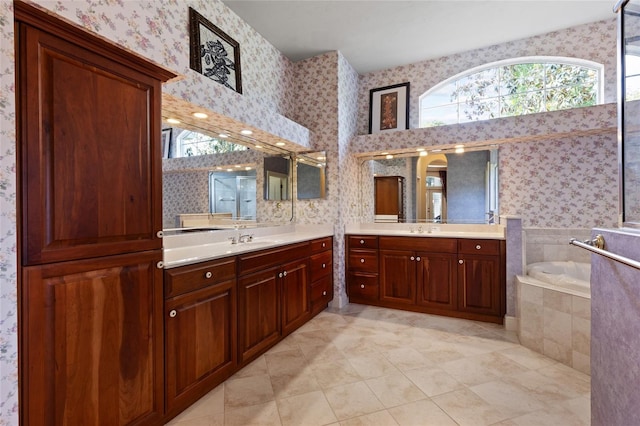 bathroom with a bath, a walk in shower, tile patterned floors, and wallpapered walls