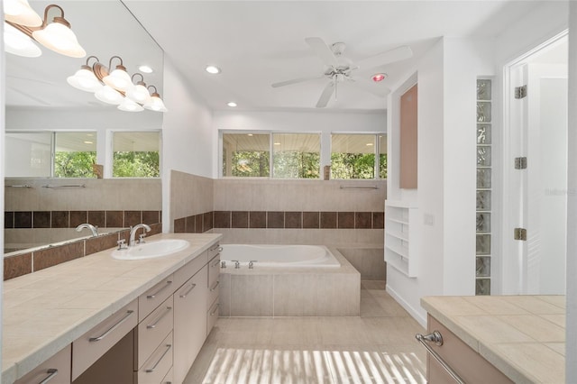 3200 NW 21st Ave, Gainesville, FL 32605 - full bath featuring a bath, vanity, a ceiling fan, tile patterned floors, and recessed lighting