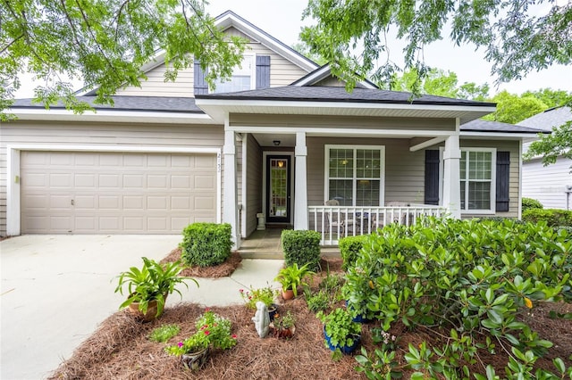 view of front facade featuring concrete driveway, a garage, covered porch, and a shingled roof