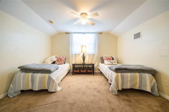 bedroom featuring light colored carpet, vaulted ceiling, ceiling fan, baseboards, and visible vents