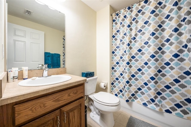 full bath with tile patterned floors, visible vents, toilet, and vanity