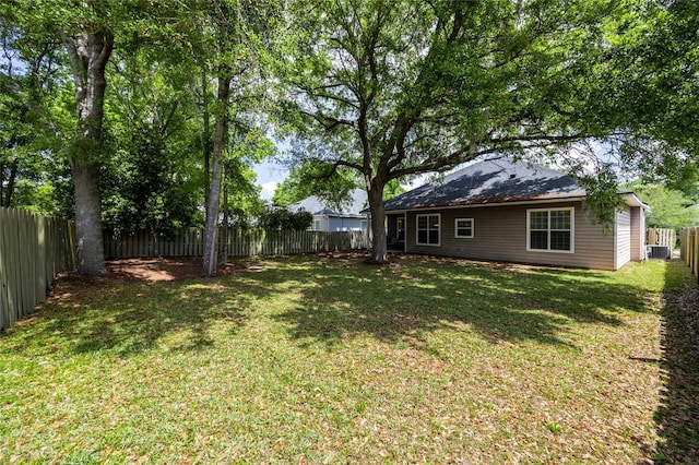 view of yard featuring central air condition unit and a fenced backyard