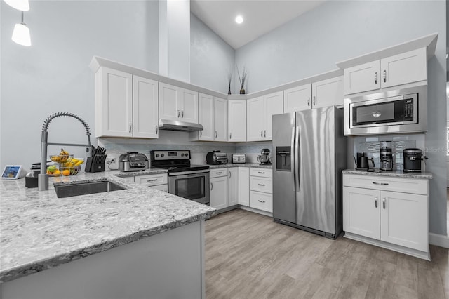 kitchen with light stone counters, a sink, under cabinet range hood, stainless steel appliances, and decorative backsplash
