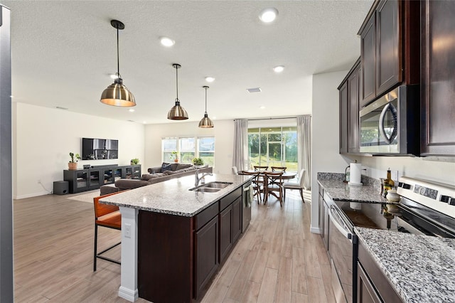 1487 NW 136th Blvd, Newberry, FL 32669 - kitchen featuring a sink, light wood-style flooring, appliances with stainless steel finishes, and dark brown cabinets