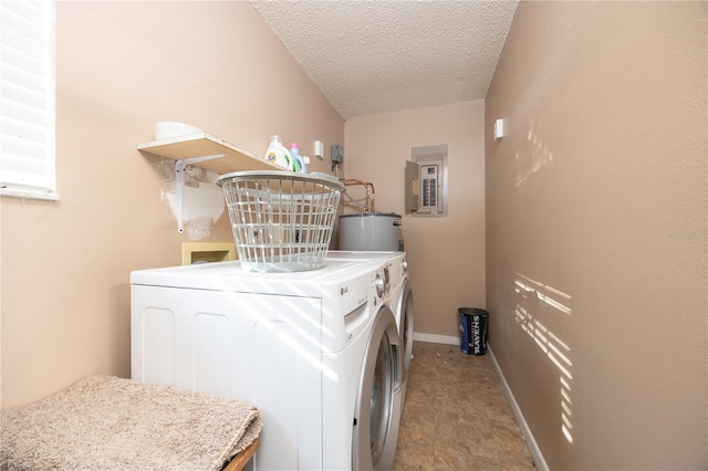 laundry room with electric water heater, baseboards, electric panel, a textured ceiling, and washer and dryer