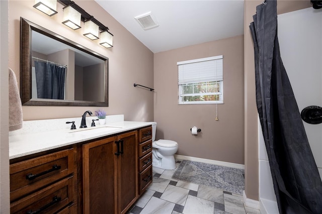 full bath with vanity, visible vents, baseboards, and toilet