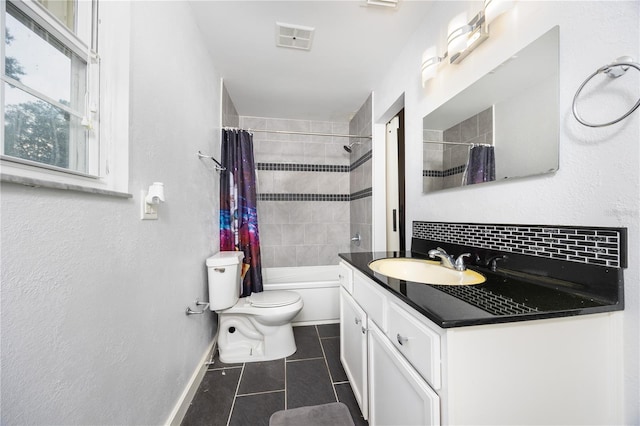 full bath with vanity, visible vents, toilet, tile patterned floors, and baseboards
