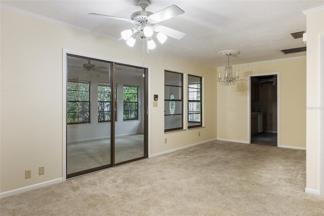 4038 NW 86th Blvd, Gainesville, FL 32653 - carpeted empty room featuring a chandelier, ornamental molding, and ceiling fan