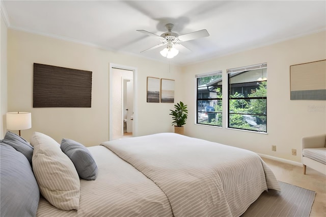 4038 NW 86th Blvd, Gainesville, FL 32653 - bedroom with light carpet, ornamental molding, and ceiling fan