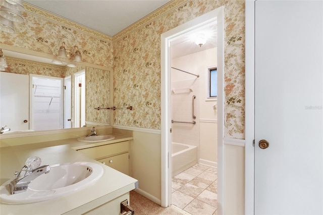 4038 NW 86th Blvd, Gainesville, FL 32653 - bathroom featuring vanity, wallpapered walls,  shower combination, and tile patterned flooring