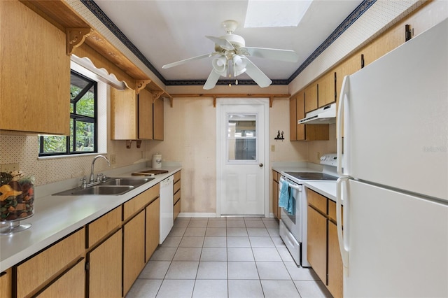 4038 NW 86th Blvd, Gainesville, FL 32653 - kitchen featuring white appliances, under cabinet range hood, light countertops, light tile patterned flooring, and a ceiling fan