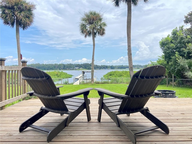 wooden deck featuring a water view and a dock