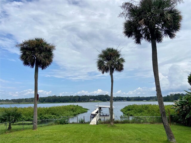 water view with fence and a dock