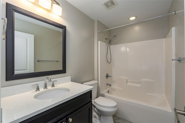 full bath featuring visible vents, vanity, toilet, recessed lighting, and  shower combination