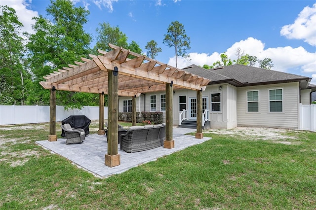 rear view of property with an outdoor living space, a lawn, a patio area, a fenced backyard, and a pergola