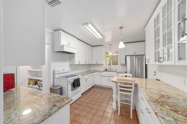 1711 NW 10th Ave, Gainesville, FL 32605 - kitchen with freestanding refrigerator, white range with electric cooktop, under cabinet range hood, a sink, and decorative backsplash