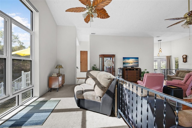 4250 NW 81st Ln, Bell, FL 32619 - carpeted living room featuring french doors, a ceiling fan, and a textured ceiling