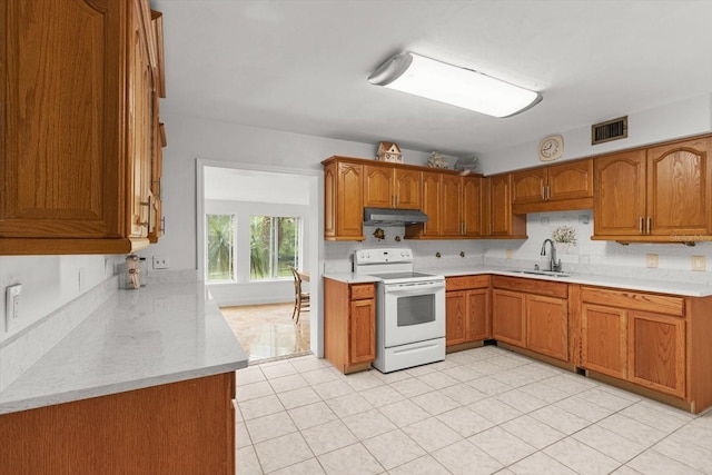 841 N Palm Springs Ter, Crystal River, FL 34429 - kitchen featuring visible vents, a sink, electric stove, under cabinet range hood, and brown cabinetry