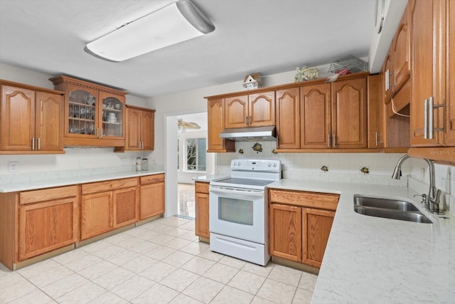 841 N Palm Springs Ter, Crystal River, FL 34429 - kitchen featuring white electric range oven, under cabinet range hood, light countertops, a sink, and brown cabinets