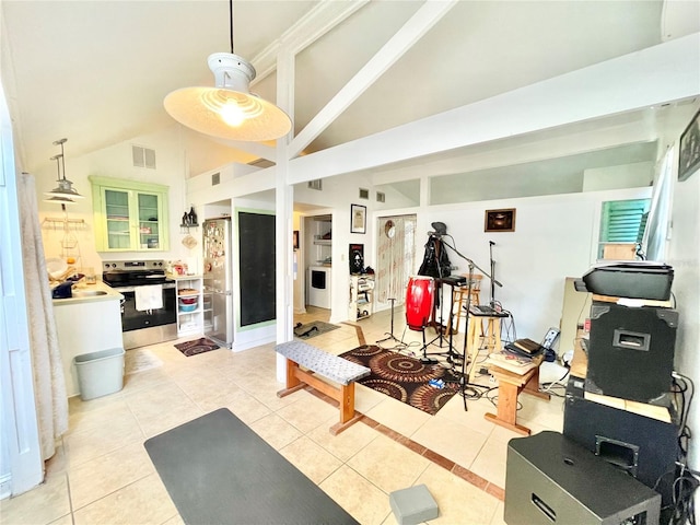 1035 NE 3rd Ave, Gainesville, FL 32601 - exercise room with high vaulted ceiling and light tile patterned floors