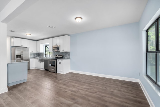 6840 NW 111th Ln, Alachua, FL 32615 - kitchen featuring dark wood-style flooring, tasteful backsplash, plenty of natural light, and stainless steel appliances