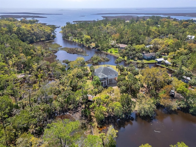 drone / aerial view featuring a view of trees and a water view