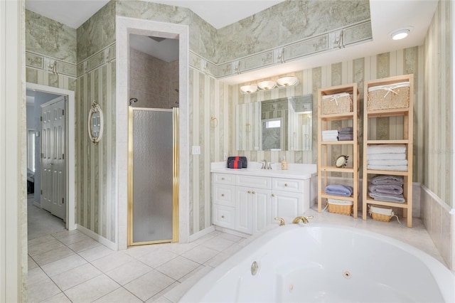 3802 SW 93rd Ter, Gainesville, FL 32608 - full bathroom with a shower stall, tile patterned floors, vanity, a whirlpool tub, and wallpapered walls