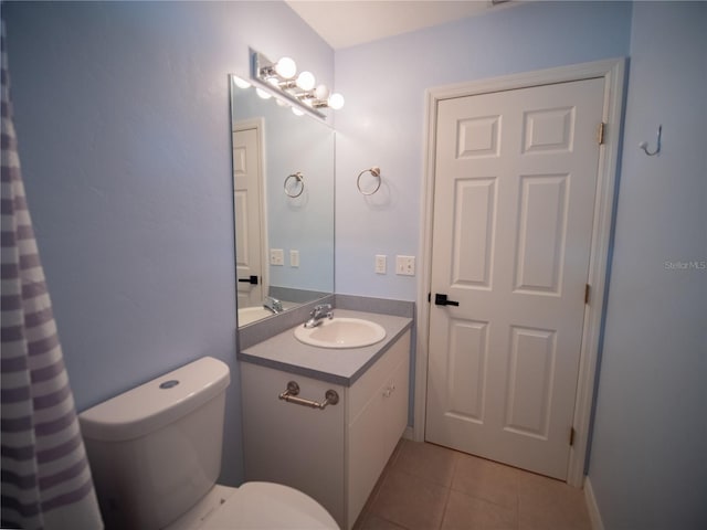 bathroom with toilet, tile patterned flooring, and vanity