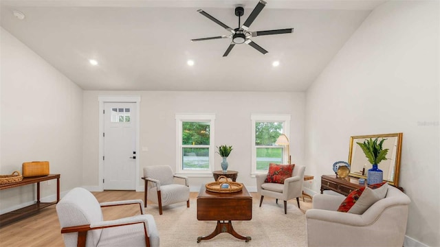 10055 Fox Hollow Dr, Hampton, FL 32044 - living room featuring ceiling fan, light wood-type flooring, vaulted ceiling, recessed lighting, and baseboards
