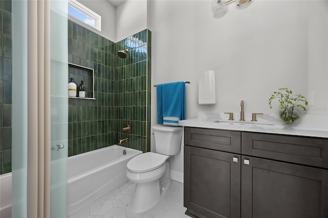 bathroom with tile patterned floors, shower / bathtub combination, vanity, and toilet