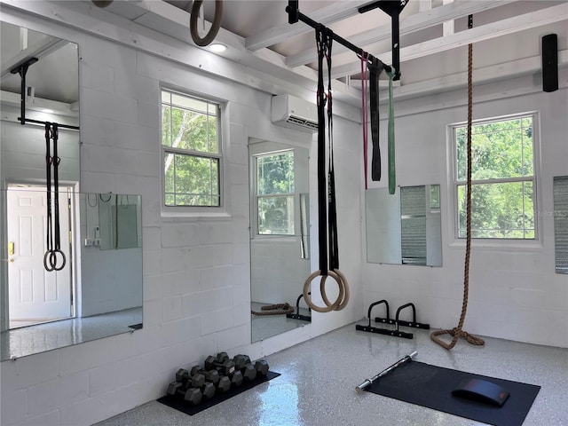14127 NW 23rd Ln, Gainesville, FL 32606 - workout room featuring concrete block wall and a wall mounted AC