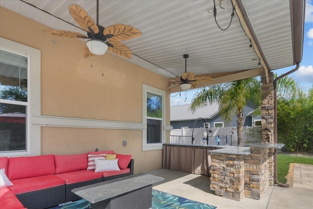 9835 SW 80th Pl, Hampton, FL 32044 - view of patio / terrace featuring outdoor lounge area, a ceiling fan, outdoor dry bar, and fence